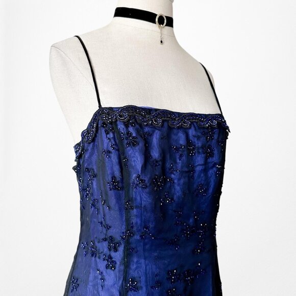 Vintage Blue Black Mesh Velvet Beaded Flared Maxi Prom Dress Size M - Picture 8 of 13